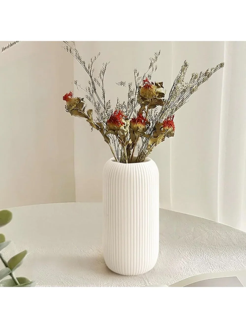 Modern Small White Ceramic Vase Flowers Ribbed Textured Farmhouse Home Livings